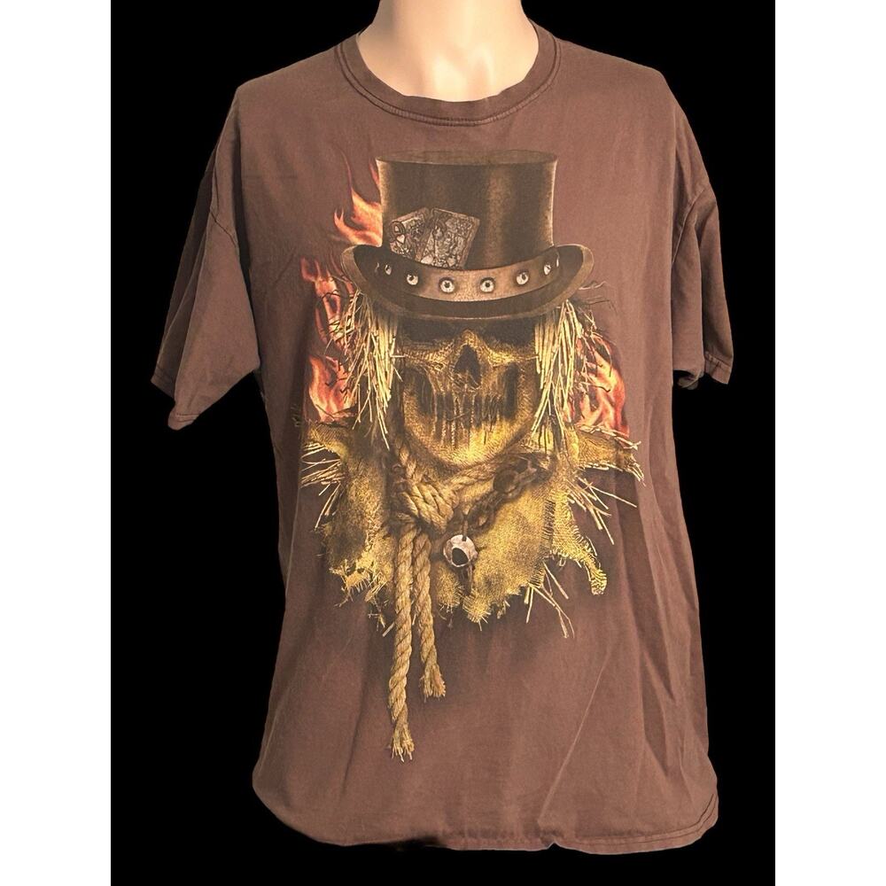 Scarecrow Skull With Cowboy‎ Hat And Flames Halloween T Shirt Men’s L Large